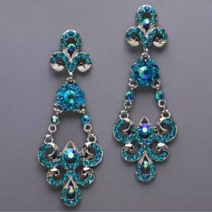 Blue Costume Chandelier Earrings Fleur De Lei Flowers Bridal Jewelry